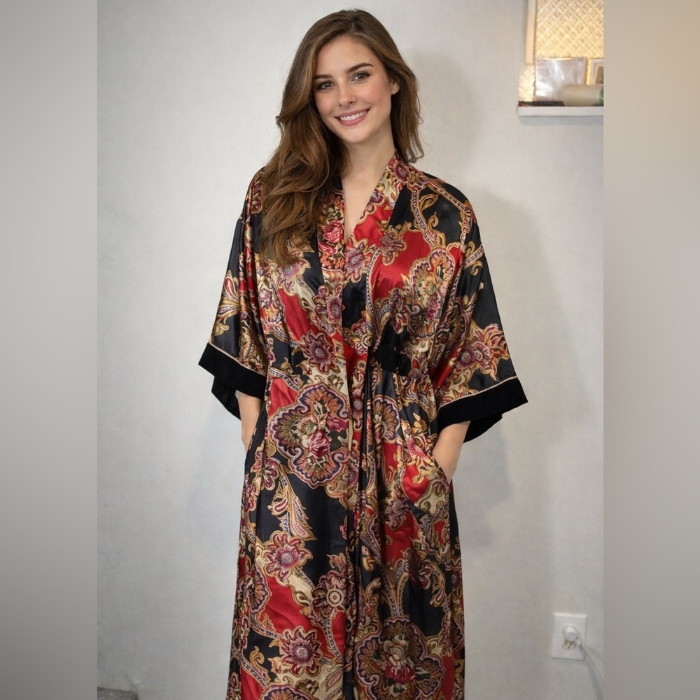 California Dynasty Floral Kimono Robe Red Black Size L Vintage